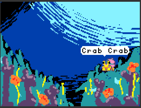 a screenshot of a pixel art game featuring a hermit crab sitting among some coral. The Hermit Crab has a word bubble above it that says 'crab crab'.