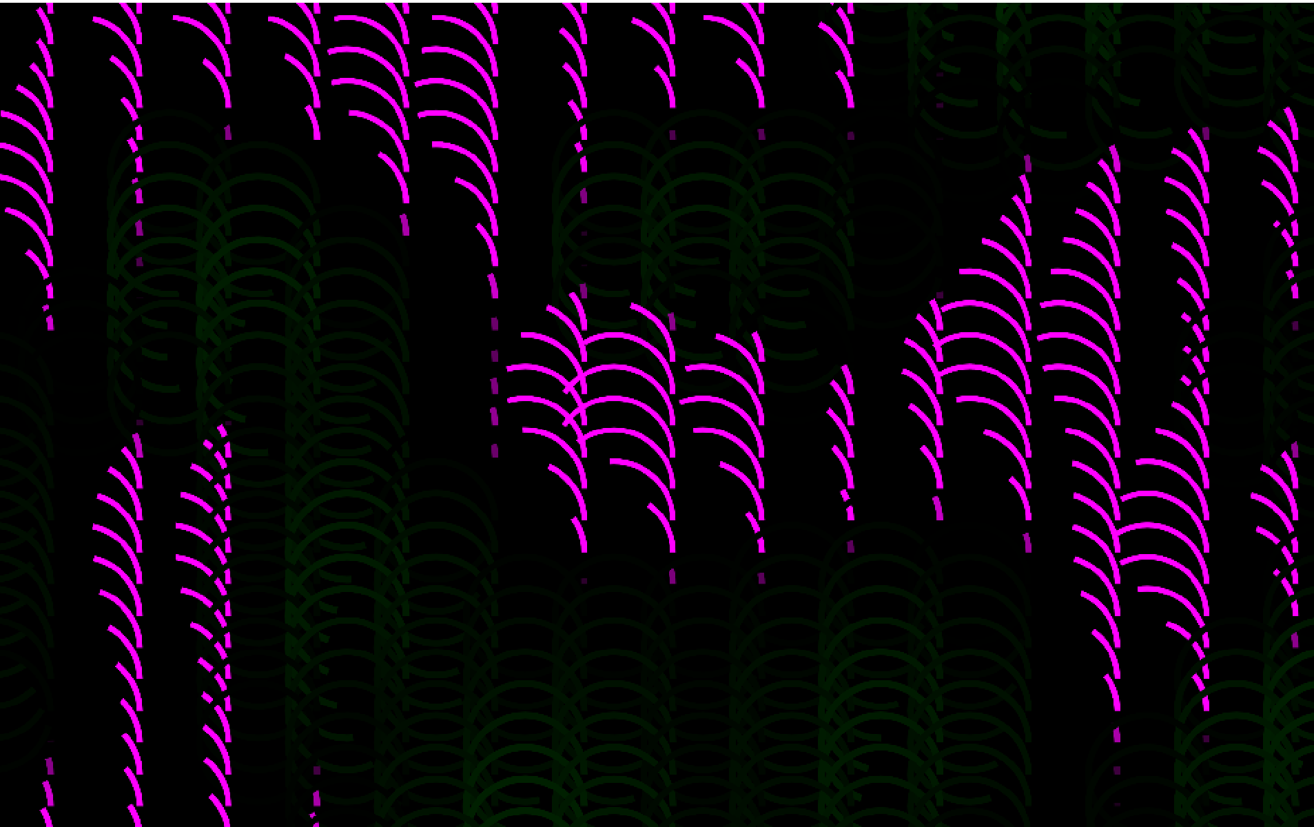 a screenshot of code-based Art. It is a grid of partially-drawn circles in pink and green on a black background